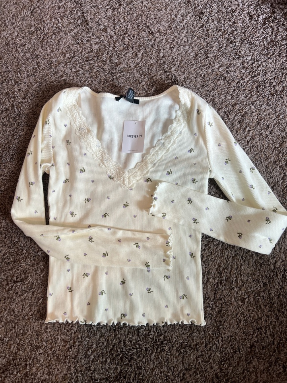 Forever 21 Cream Long Sleeve Ribbed Top with Lavender Floral Print
